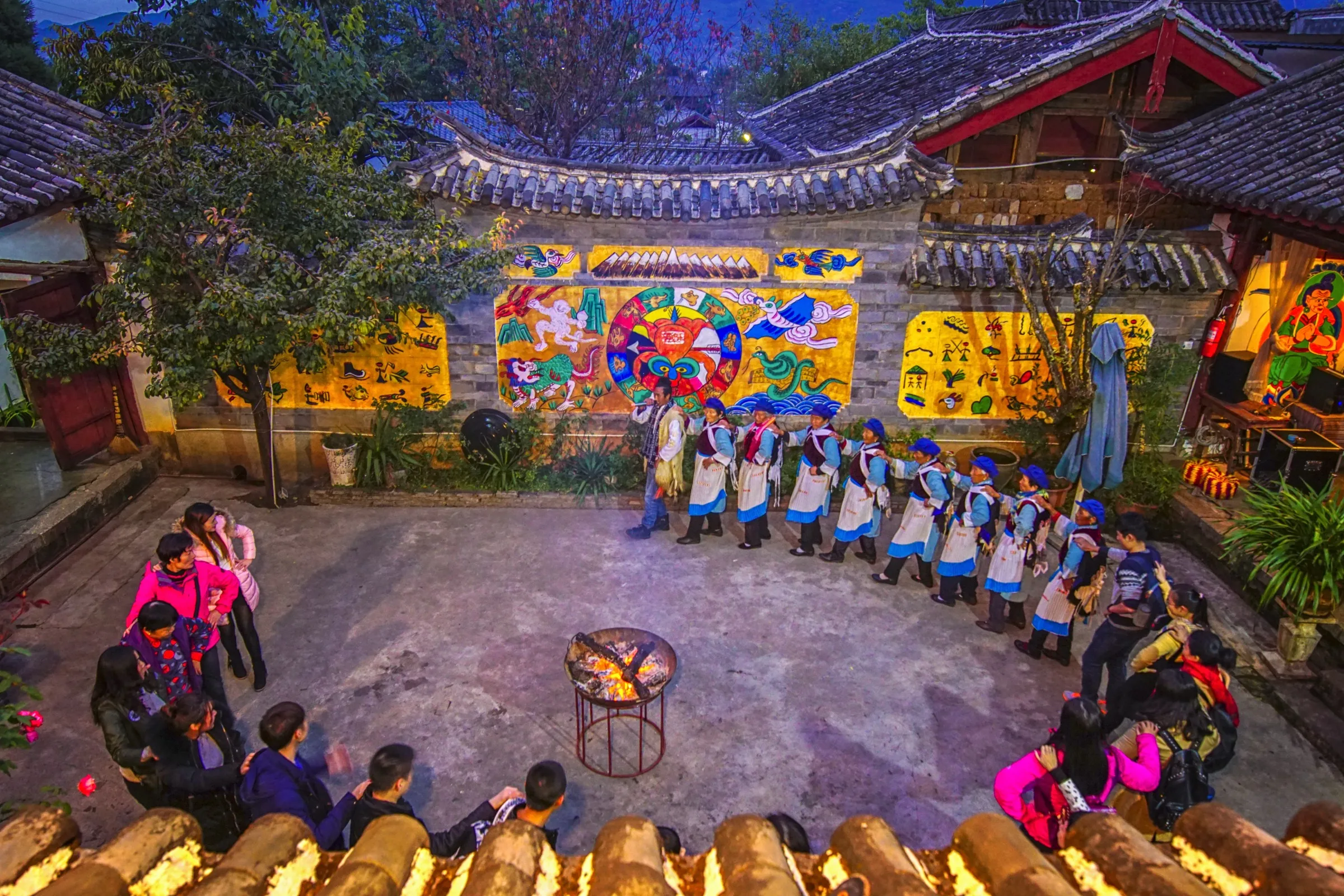 Naxi community dance and music in a traditional Lijiang courtyard