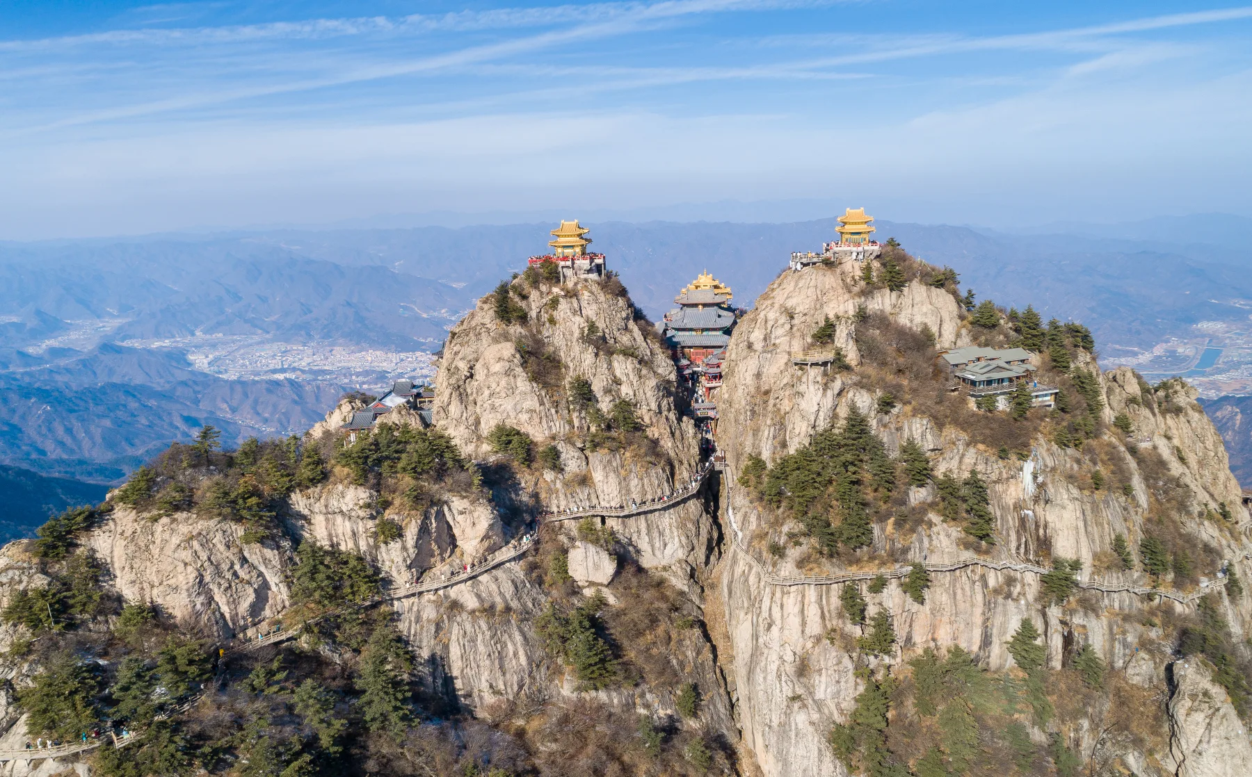 Mountain ridges and summit architecture at Laojun Mountain in Luanchuan