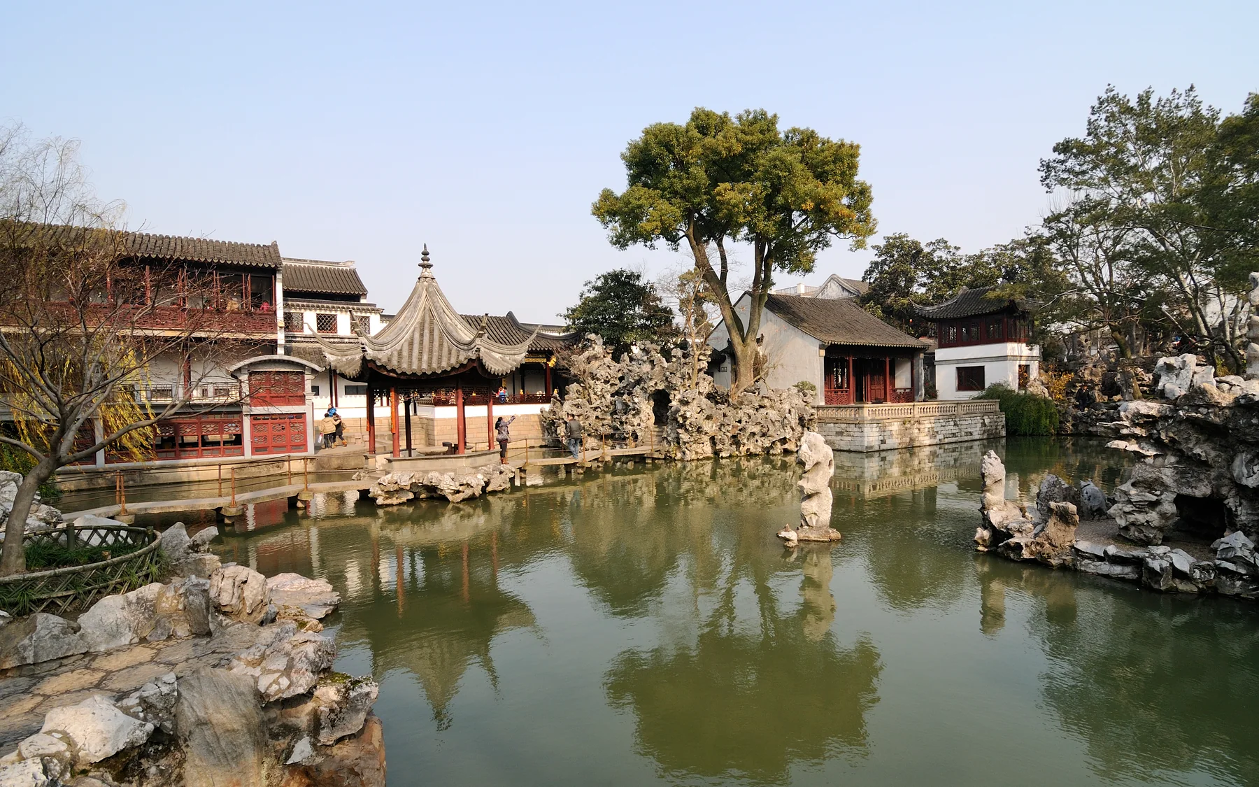 Lion Grove Garden in winter, where limestone rockeries, water and buildings form an inhabitable landscape