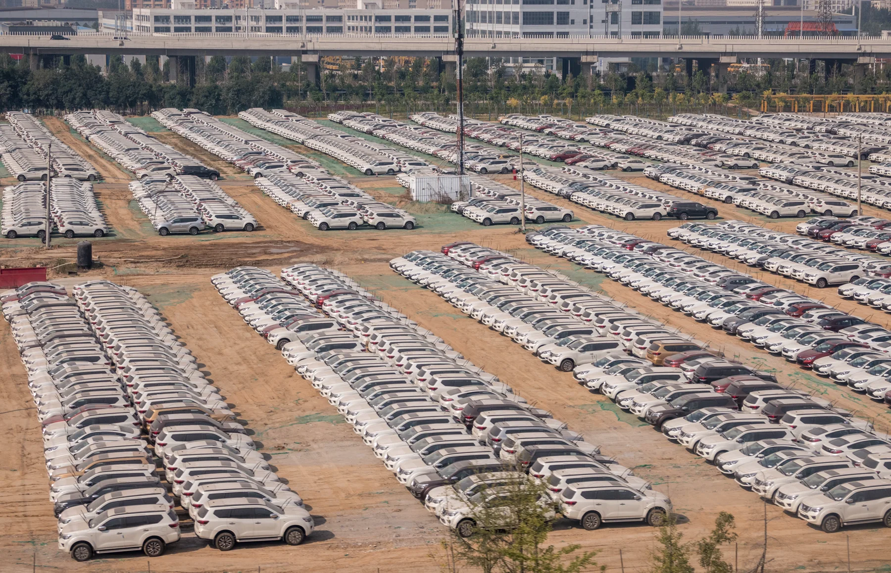 Rows of new vehicles assembled for delivery in Zhengzhou