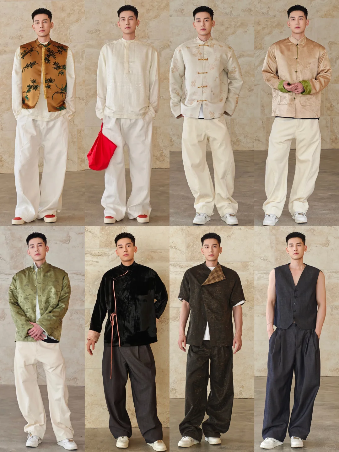 Eight coordinated menswear looks compare standing collars, knot fastenings, vests, asymmetry and wide trousers