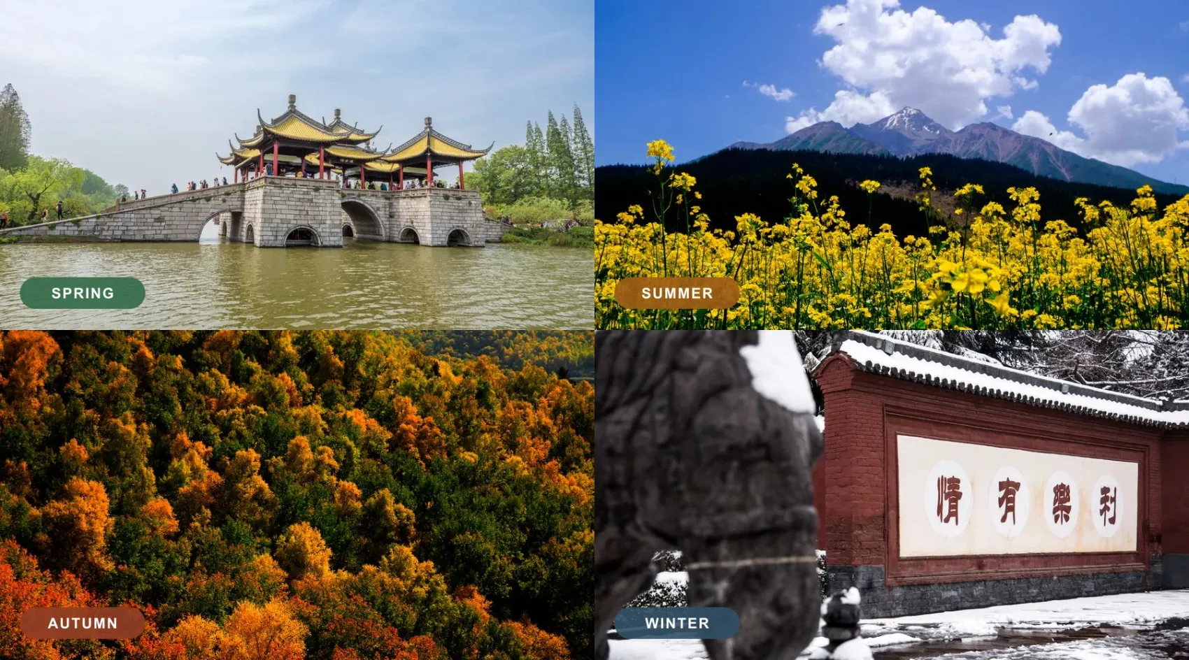 Four real Chinese landscapes showing spring water and trees, summer flowers below a mountain, autumn forest and winter snow
