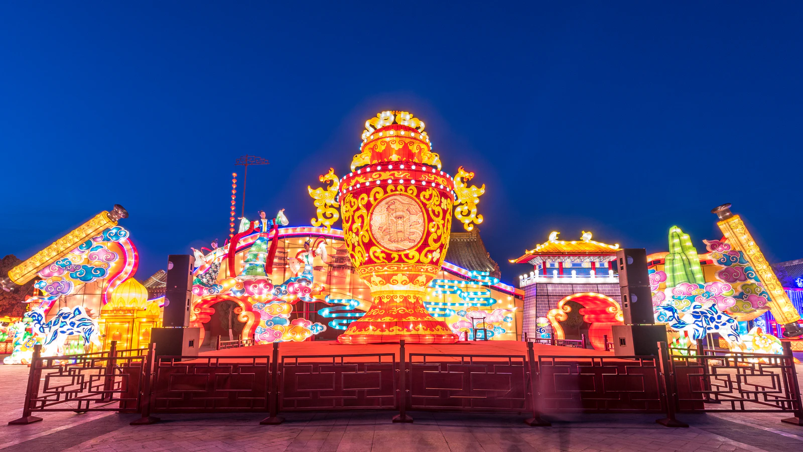 Large illuminated lantern installations at the Kaifeng Shangyuan Lantern Fair after dark