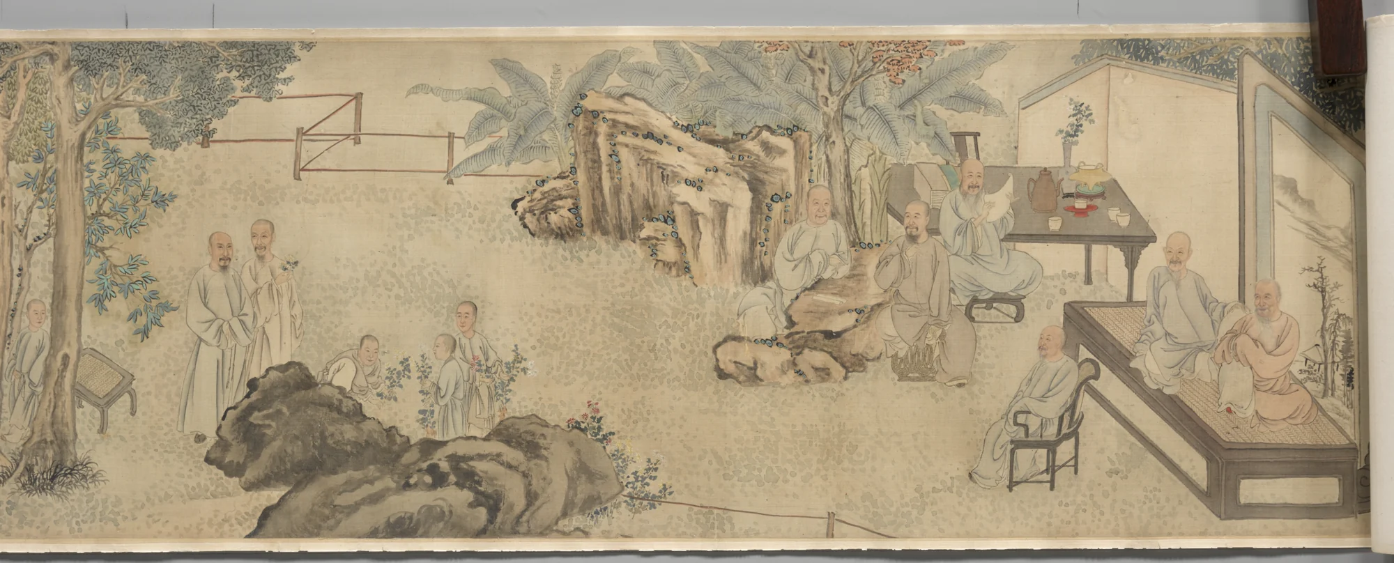 Older friends talking beside tea and food during a painted Double Ninth autumn gathering