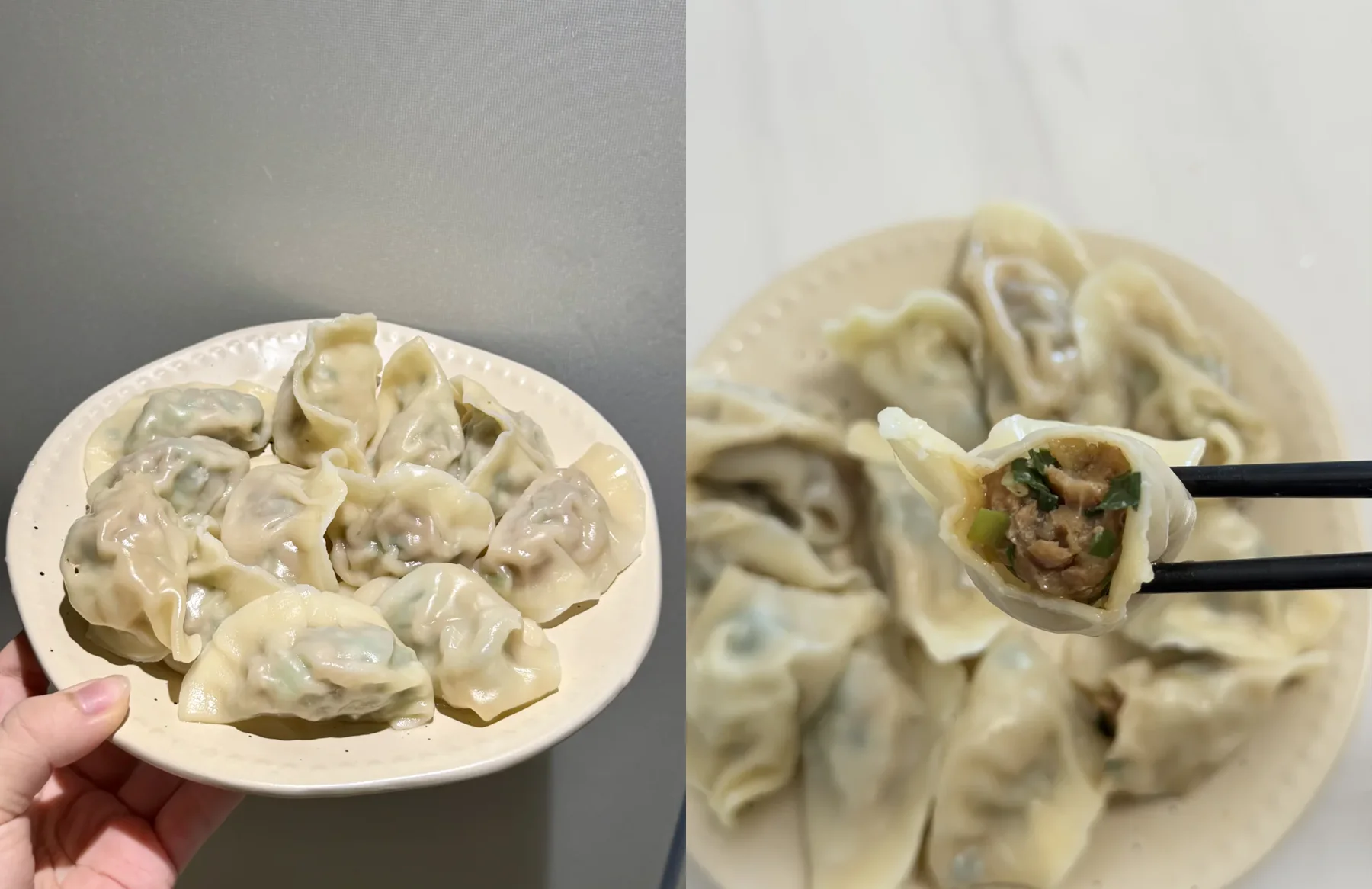 Boiled Chinese jiaozi beside a cut-open dumpling showing the wrapper and pork-chive filling
