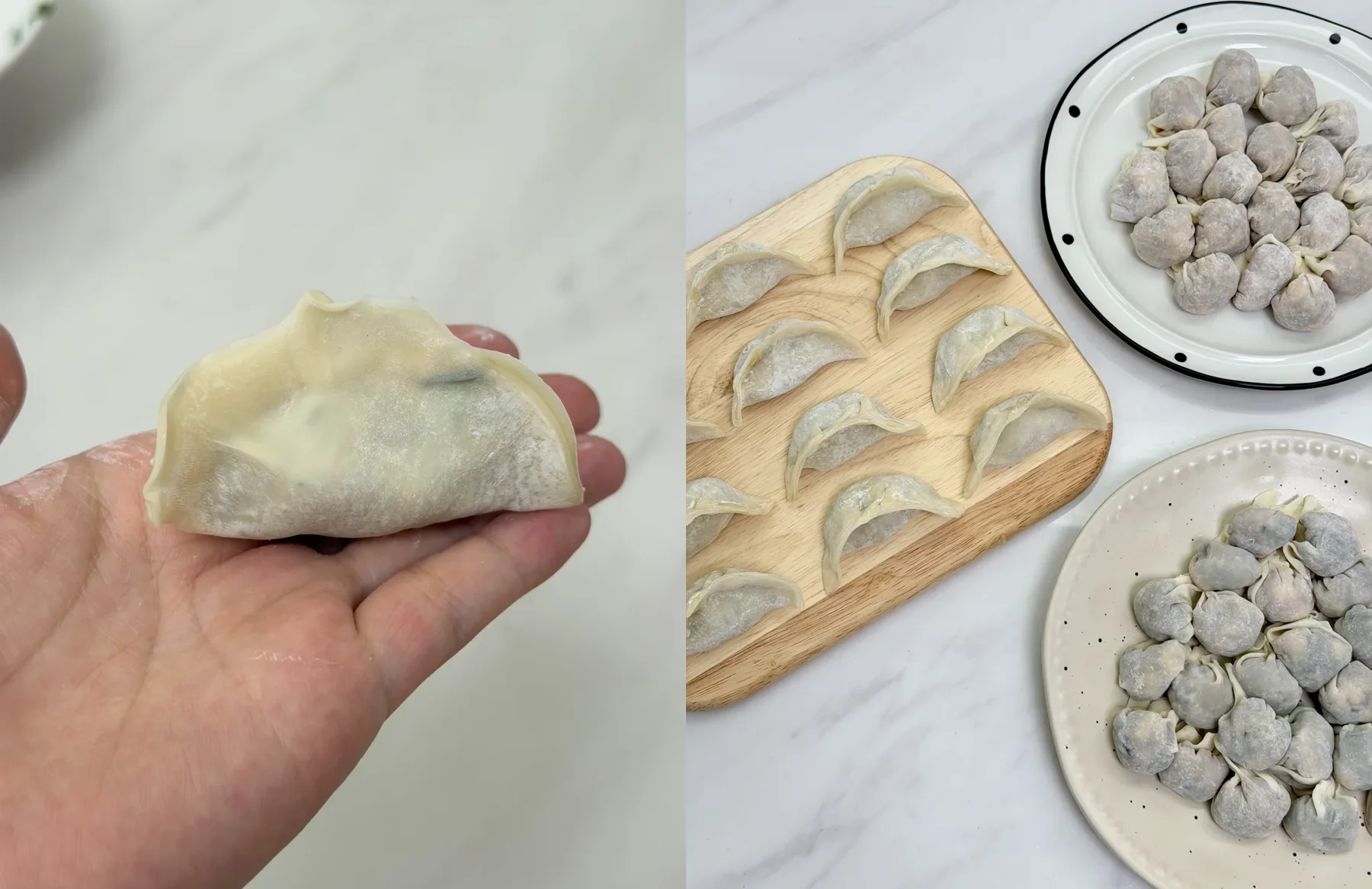 Chinese dumplings arranged to show wrapper thickness, seals and batch variation