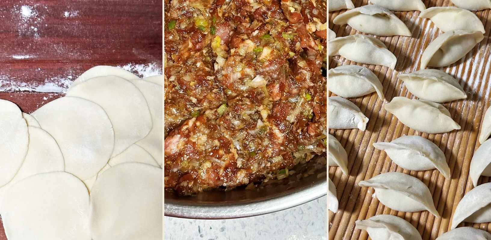 One home dumpling session moving from rolled wrappers to seasoned filling and hand-shaped jiaozi