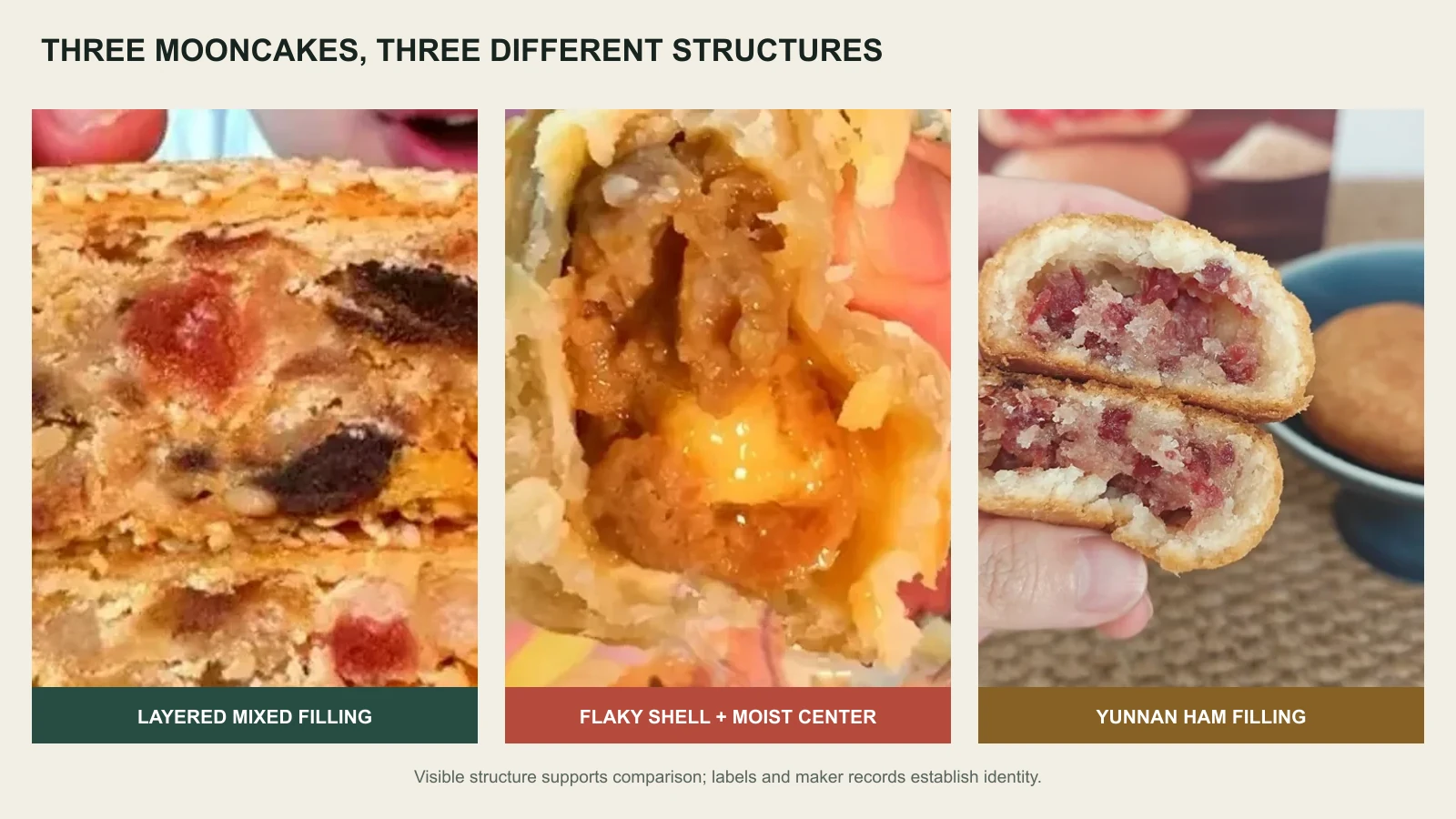 Three real mooncake cross-sections showing how festival foods carry regional fillings and family preferences