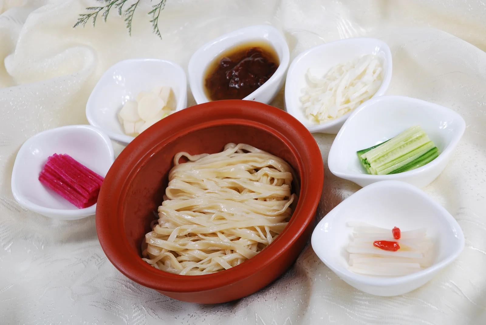 Beijing zhajiangmian with wheat noodles, dark sauce and fresh accompaniments arranged for mixing