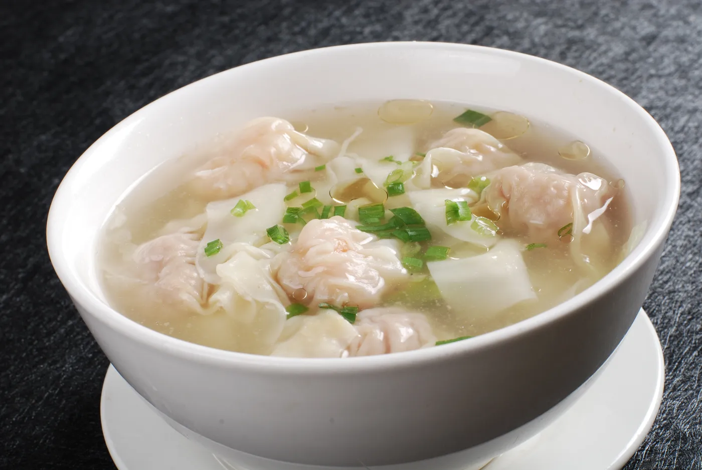 Shrimp wontons and fine noodles in a clear Cantonese broth