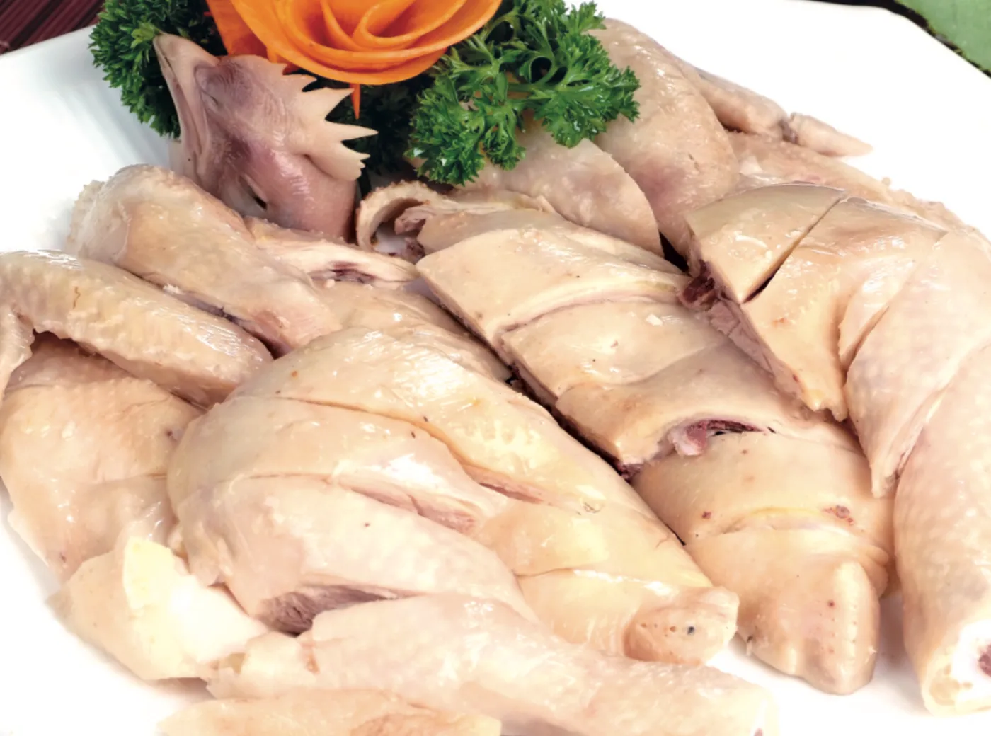 Chopped Cantonese white-cut chicken with pale, supple skin