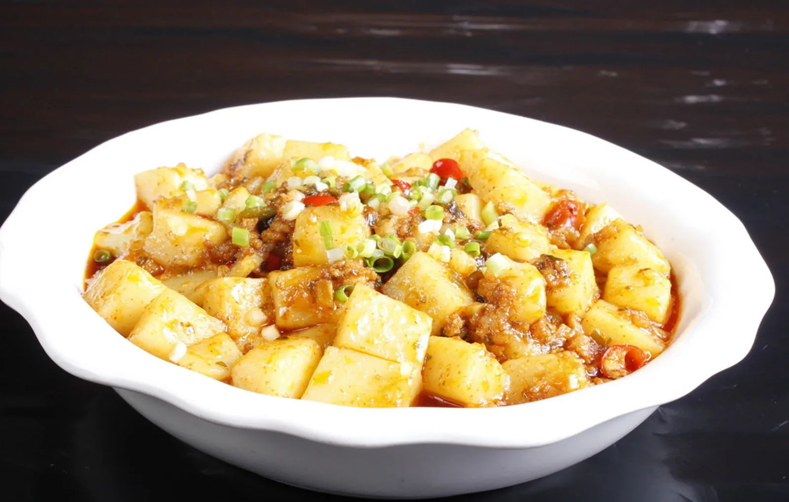 Changsha rice tofu with chili, minced topping and scallions