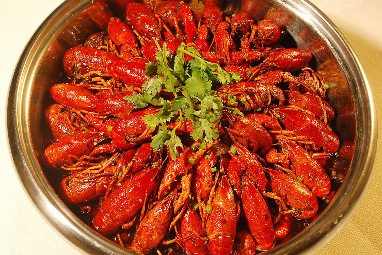 Changsha-style spiced crayfish served as a shared late-night dish
