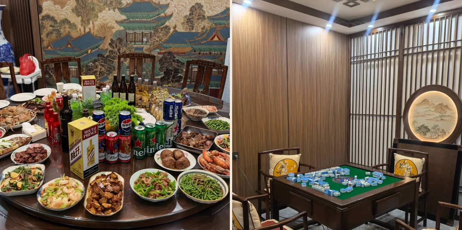 A northern family feast beside the mahjong room that keeps the gathering going after the meal