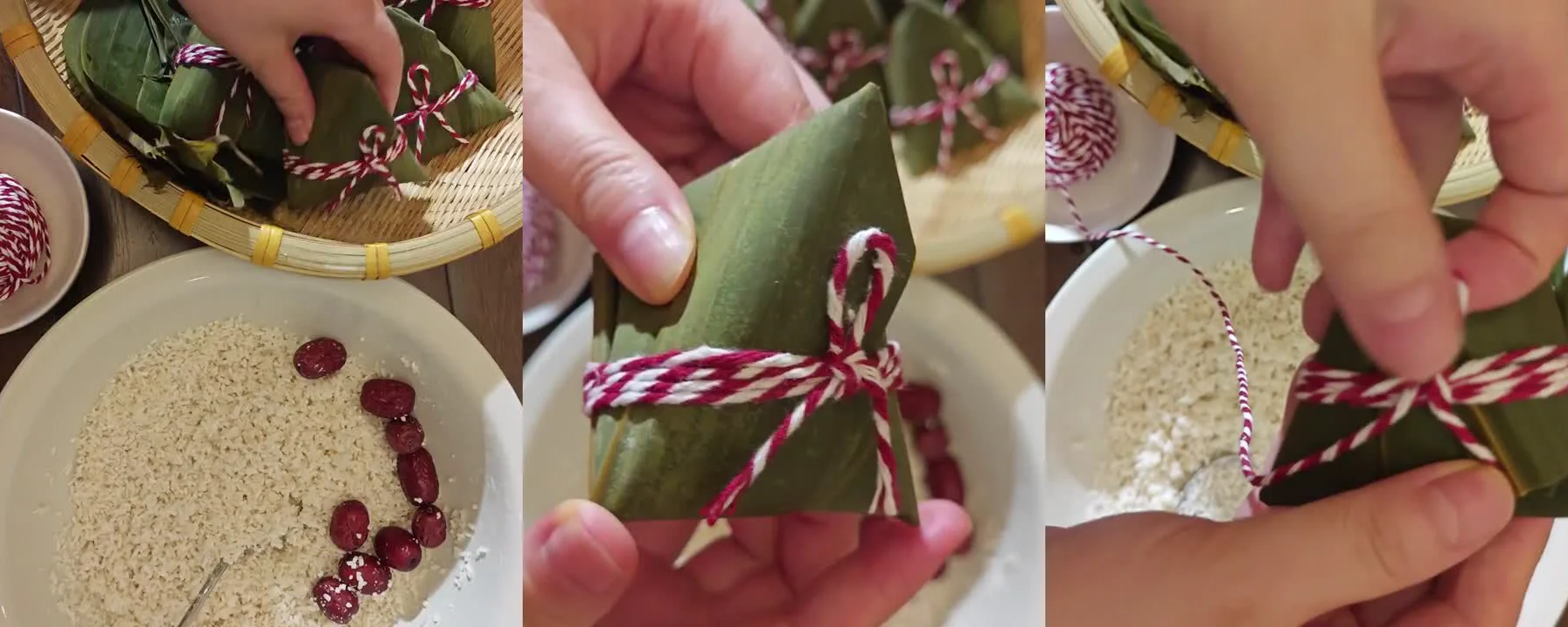 Real zongzi ingredients, leaf wrapping process and finished tied packet