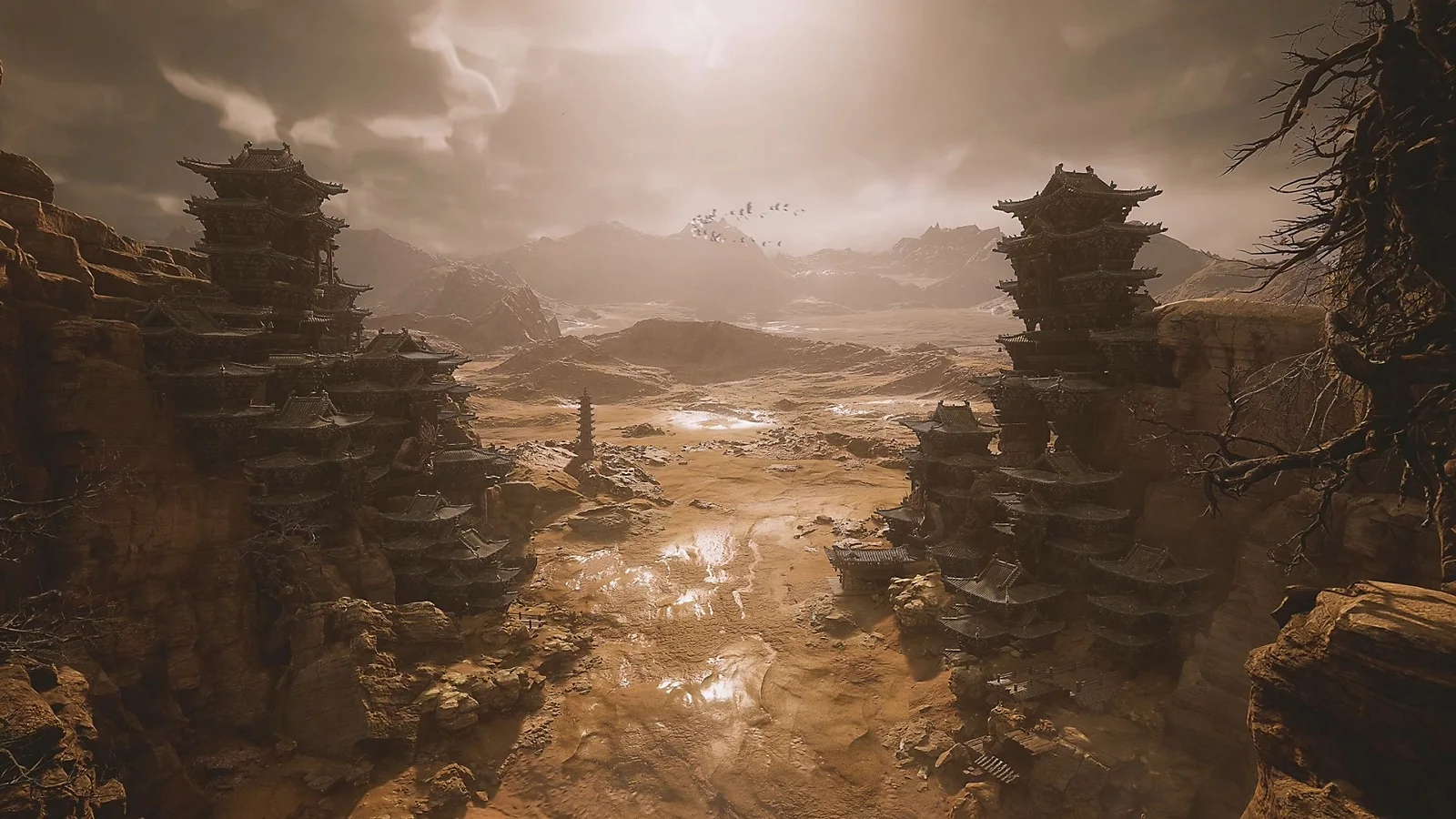 The Destined One looking across towers and mountains in Black Myth Wukong