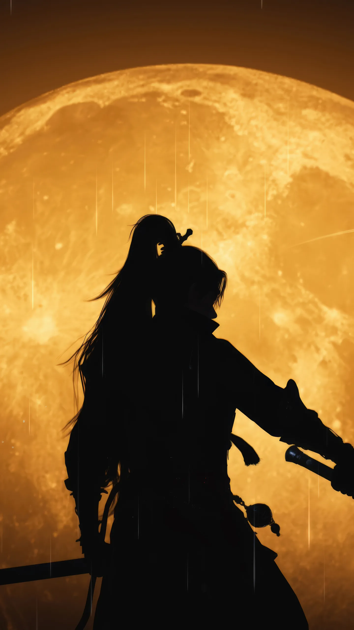 Two armed wuxia silhouettes standing before an enormous rain-lit moon