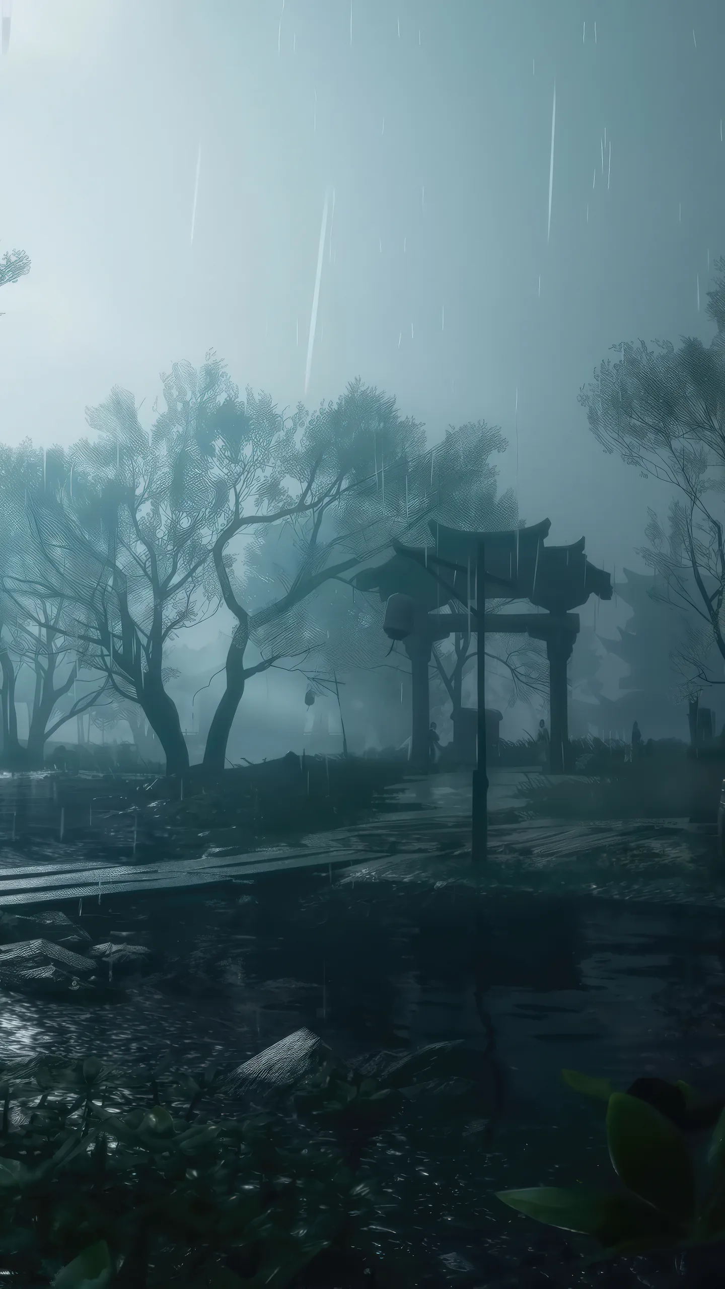 A rain-darkened pavilion and footbridge surrounded by wet trees