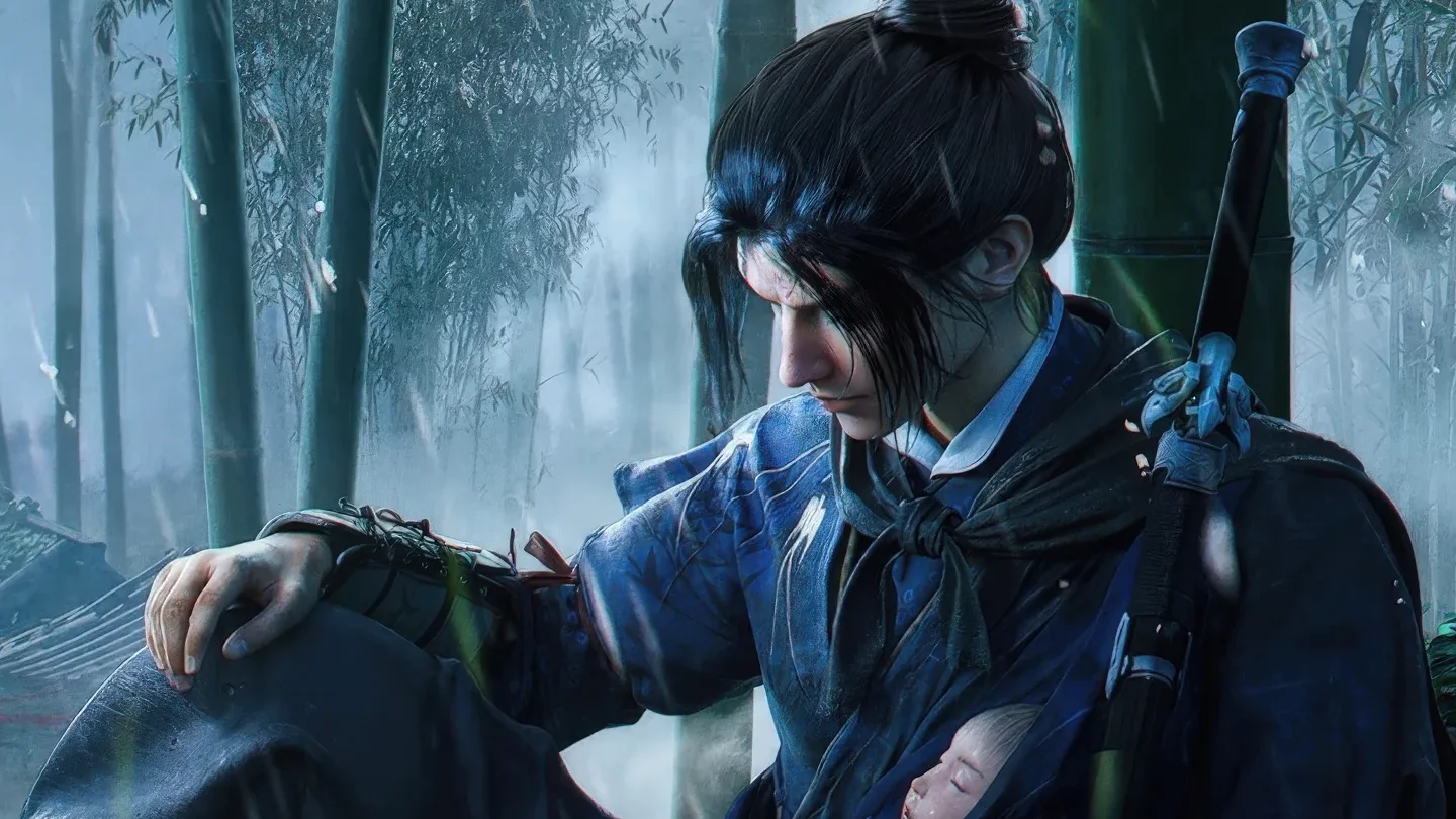 A sword master sheltering an infant in a bamboo forest in Where Winds Meet