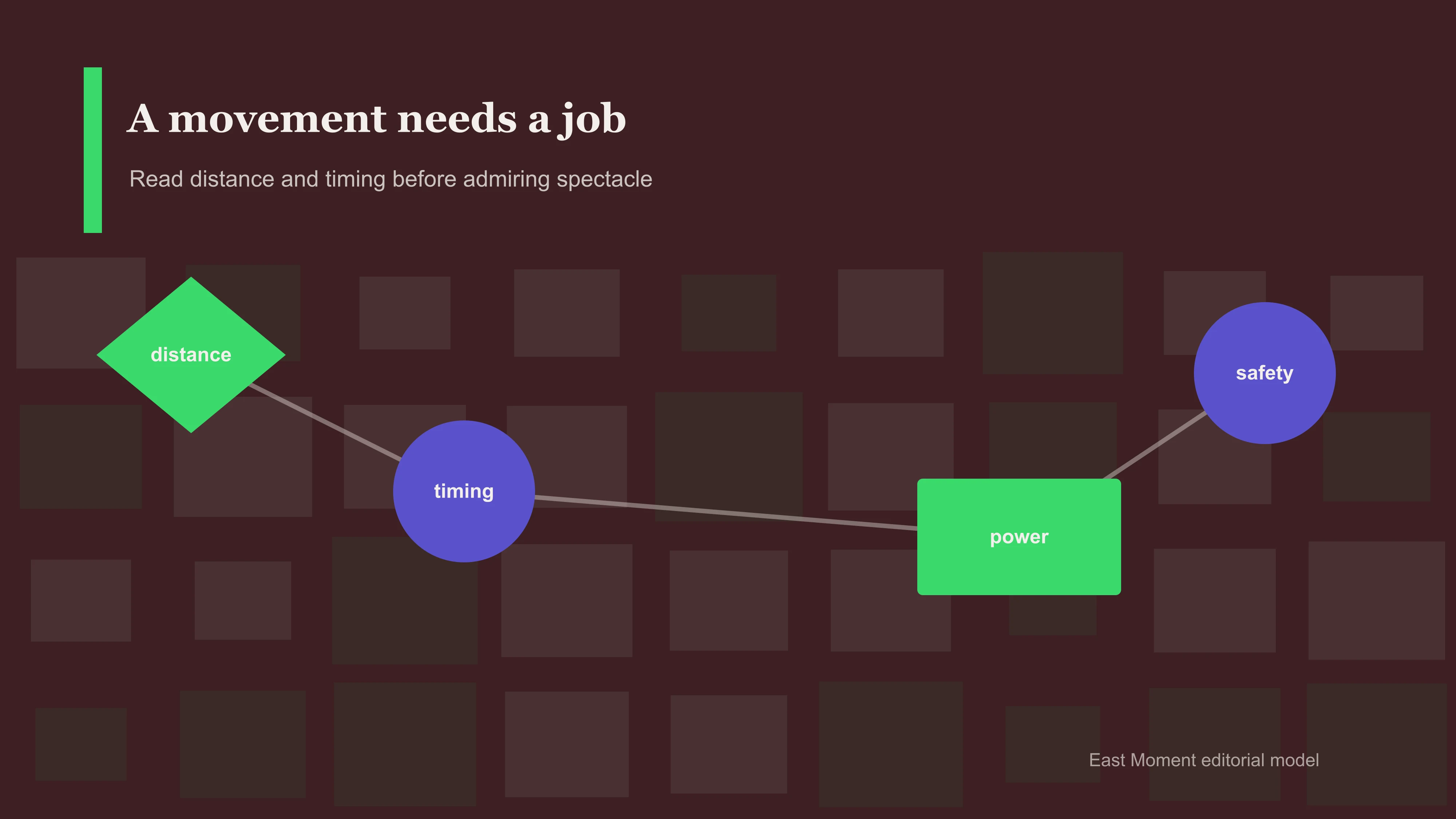 A movement needs a job. Read distance and timing before admiring spectacle.