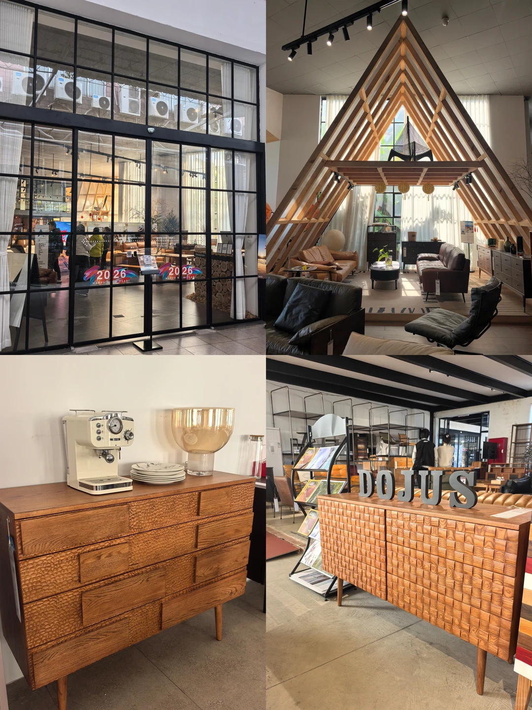 Visitors and staff appear among furniture displays, wood cabinetry and room settings in a Foshan design showroom
