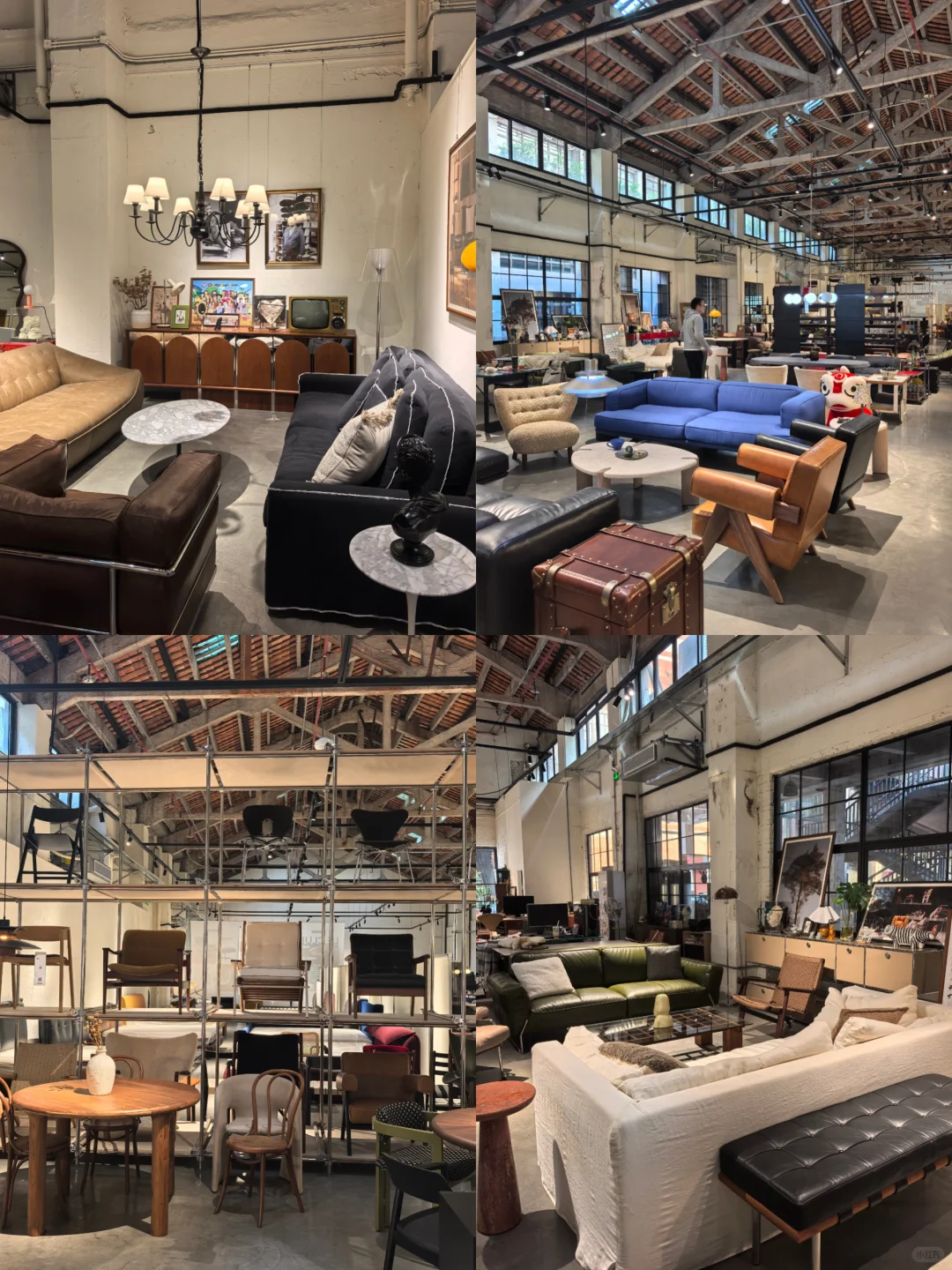 Four furniture settings inside an industrial-style showroom show sofas, chairs, tables and storage pieces arranged for side-by-side browsing