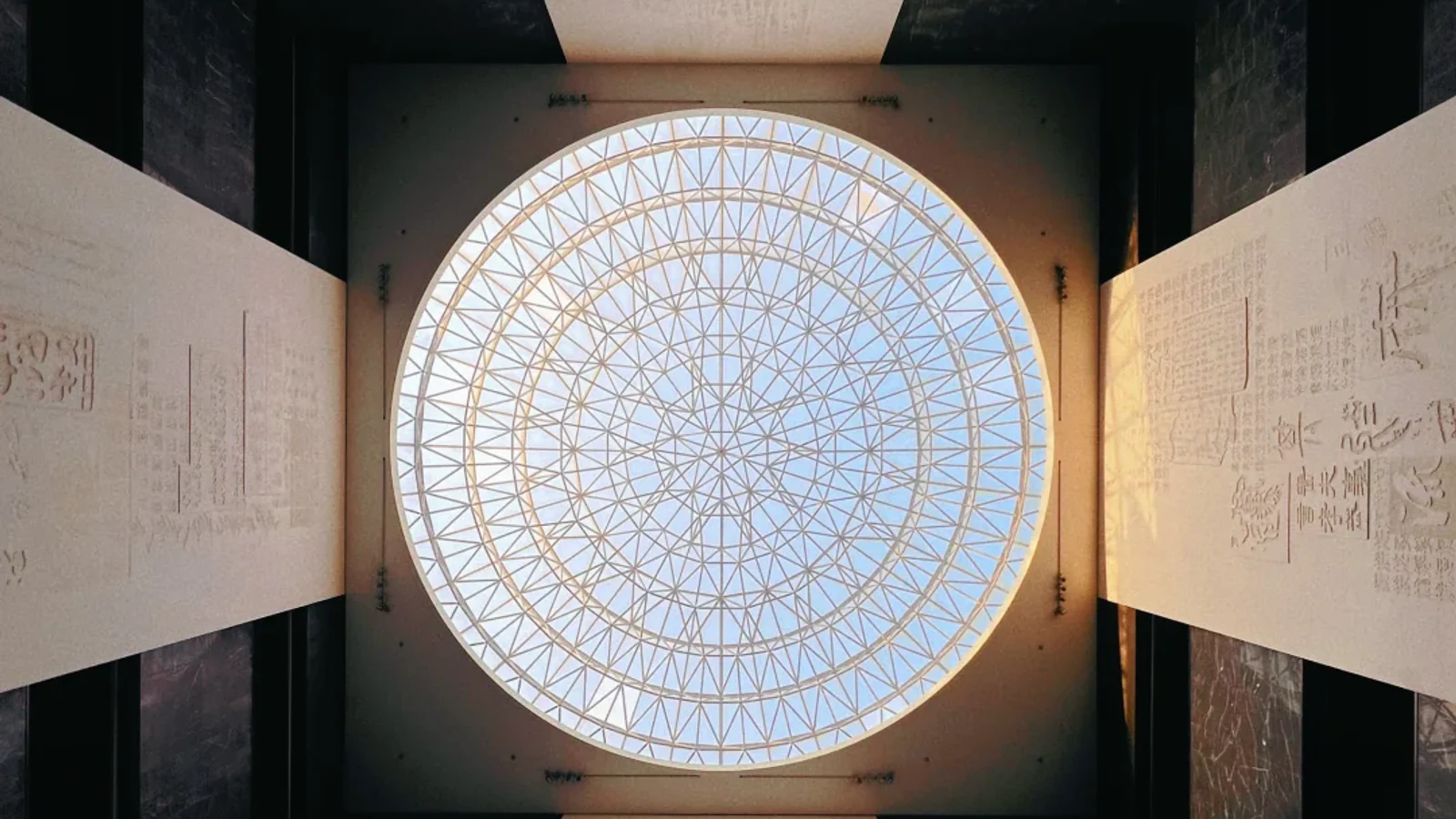 Chinese inscriptions surrounding a circular skylight inside the National Museum of Chinese Writing