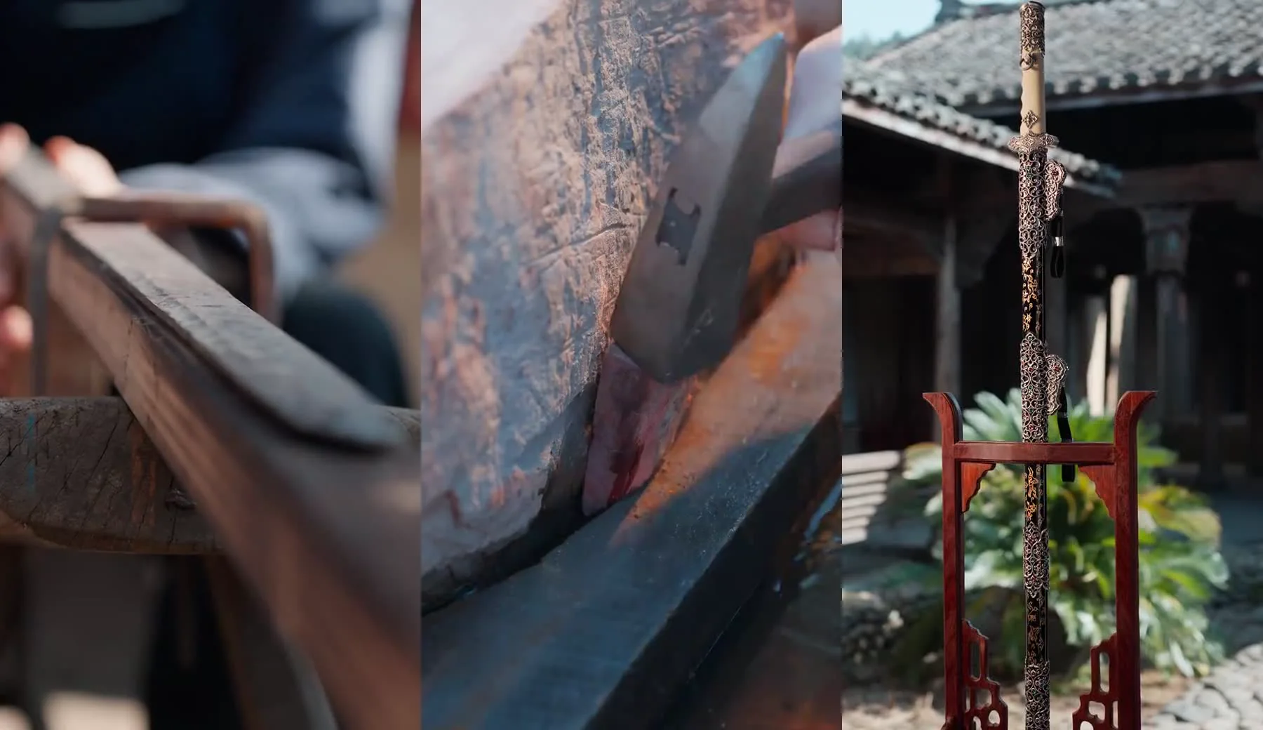 Three stages from a contemporary Longquan sword workshop: filing the blank, working the edge and presenting the finished jian