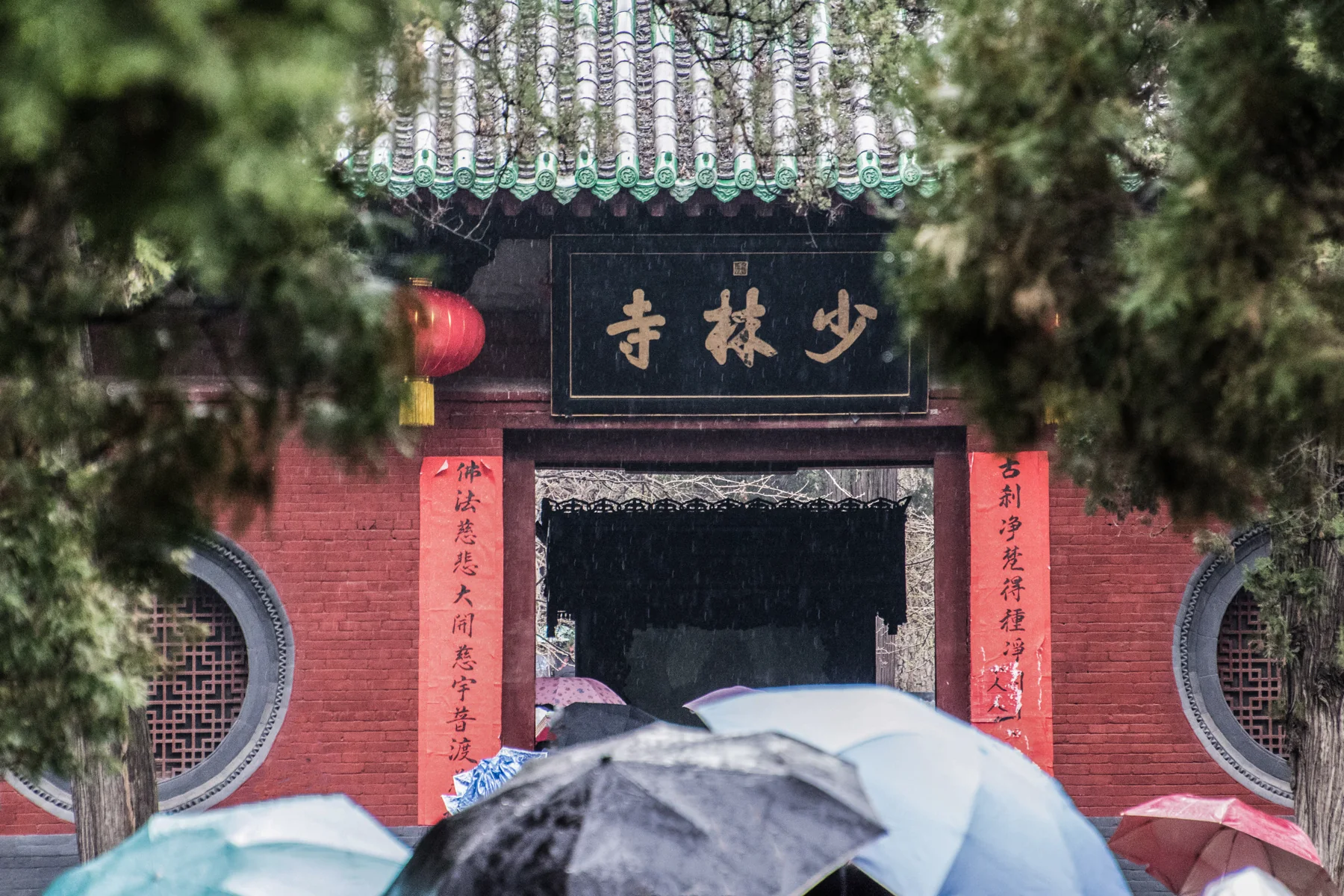 Visitors gathering beneath umbrellas at Shaolin Temple's rain-darkened entrance