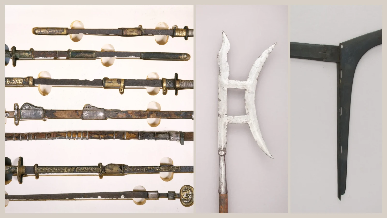 Three separate museum views of early Chinese swords, an eighteenth-century spear and ancient paired dagger-axes