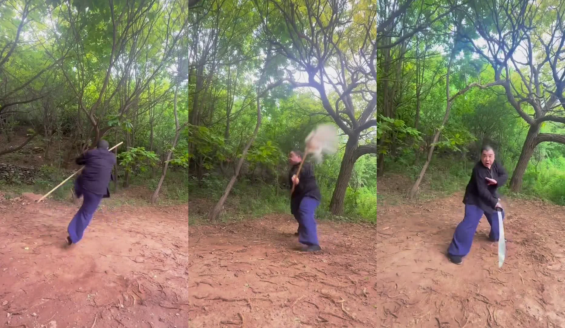 Three moments from one outdoor martial-arts demonstration showing a long pole, a tasselled weapon and a single-edged blade changing the body's distance
