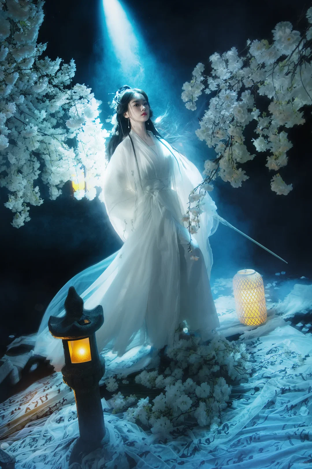 Xianxia vs wuxia visualized by a real studio portrait with white costume, flowers, lanterns and a sword