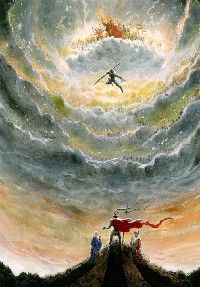 Journey to the West movie poster artwork showing Sun Wukong above three pilgrims beneath storm clouds