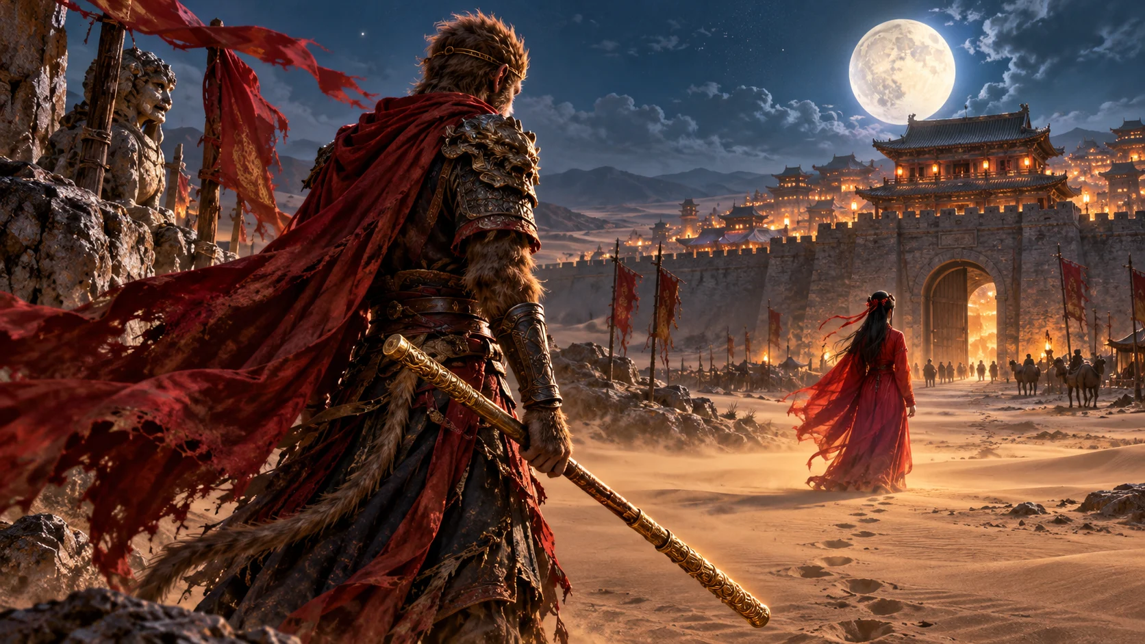 Journey to the West movie editorial illustration of a Monkey King figure watching a red-robed woman walk away beneath the moon