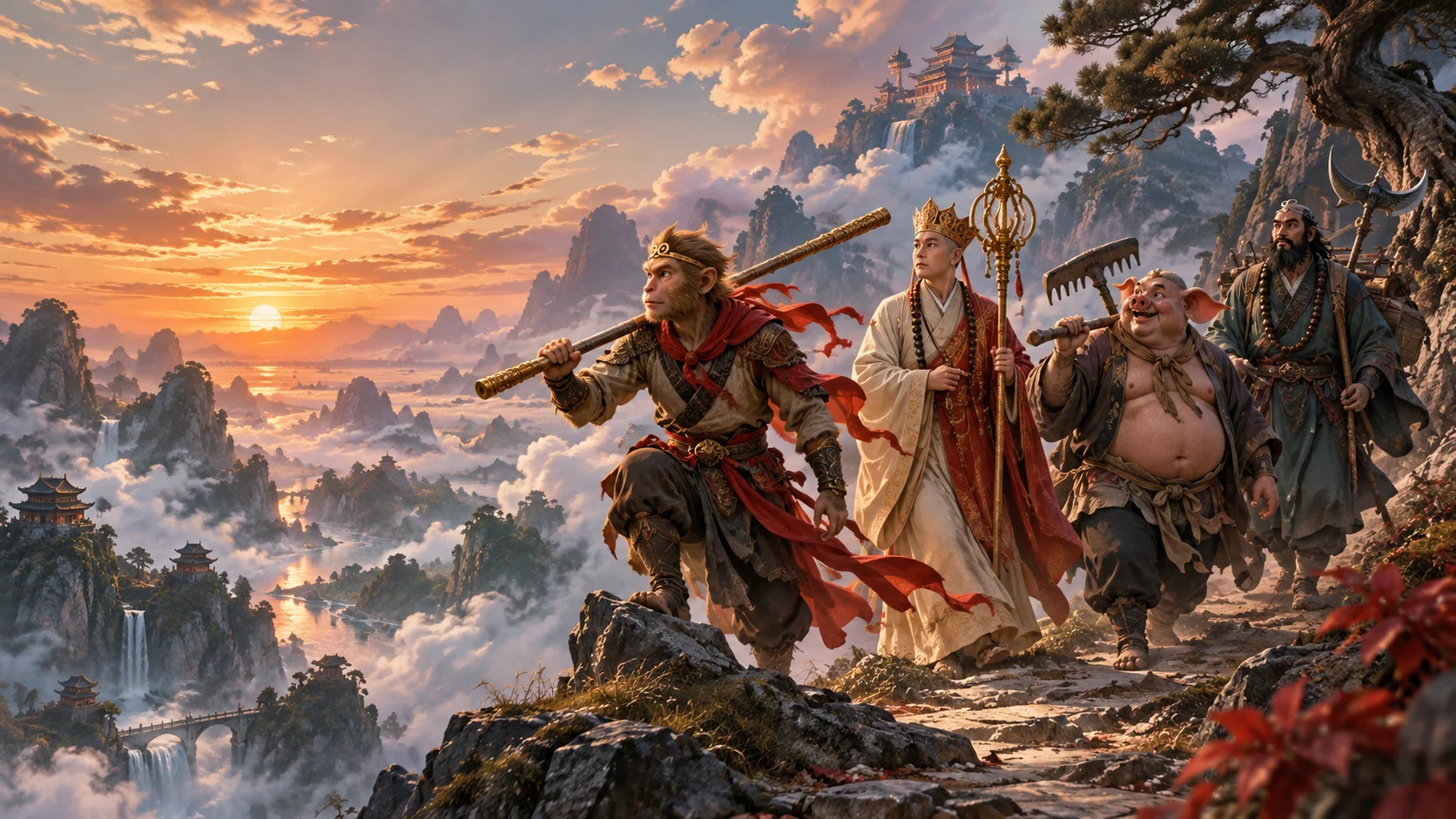 Journey to the West movie guide editorial illustration of Sun Wukong, Tang Sanzang, Zhu Bajie and Sha Wujing traveling together