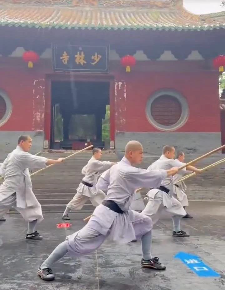 A line of Shaolin performers extending staffs together in a temple courtyard