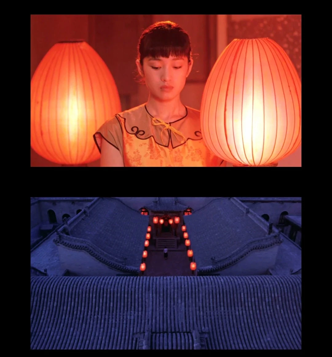 Songlian framed between red lanterns above an overhead view of the lantern route through the household courtyard
