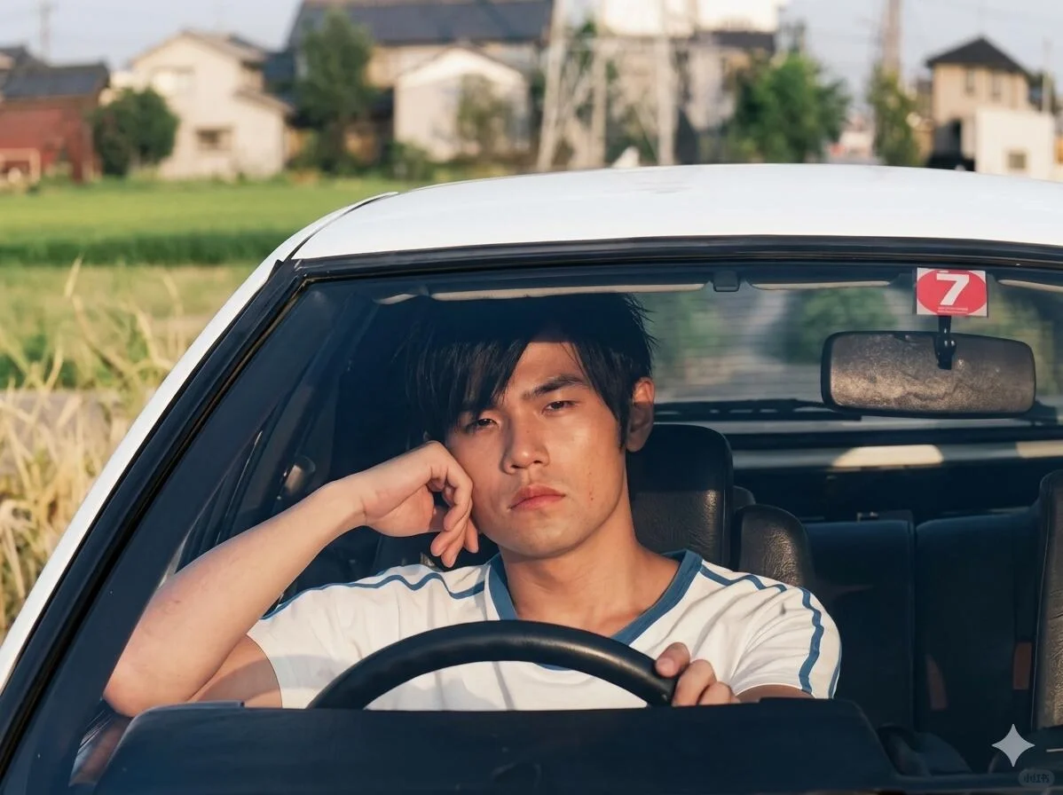 Jay Chou as Takumi Fujiwara beside the AE86 in Initial D
