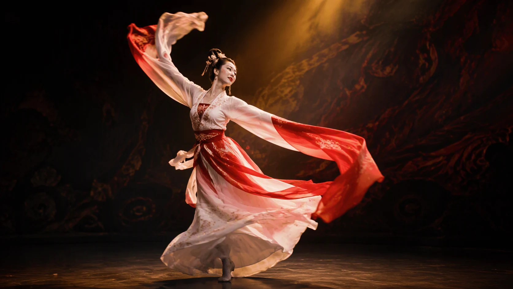 Elegant Chinese classical dance performer in flowing white and red sleeves under stage light