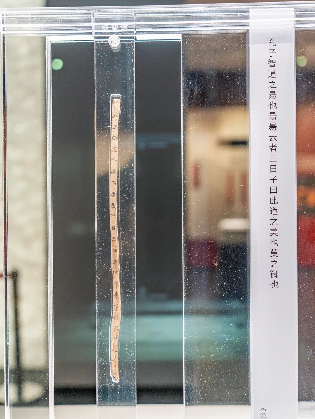 A narrow inscribed bamboo strip from the Haihun Marquis tomb displayed upright in a clear conservation case