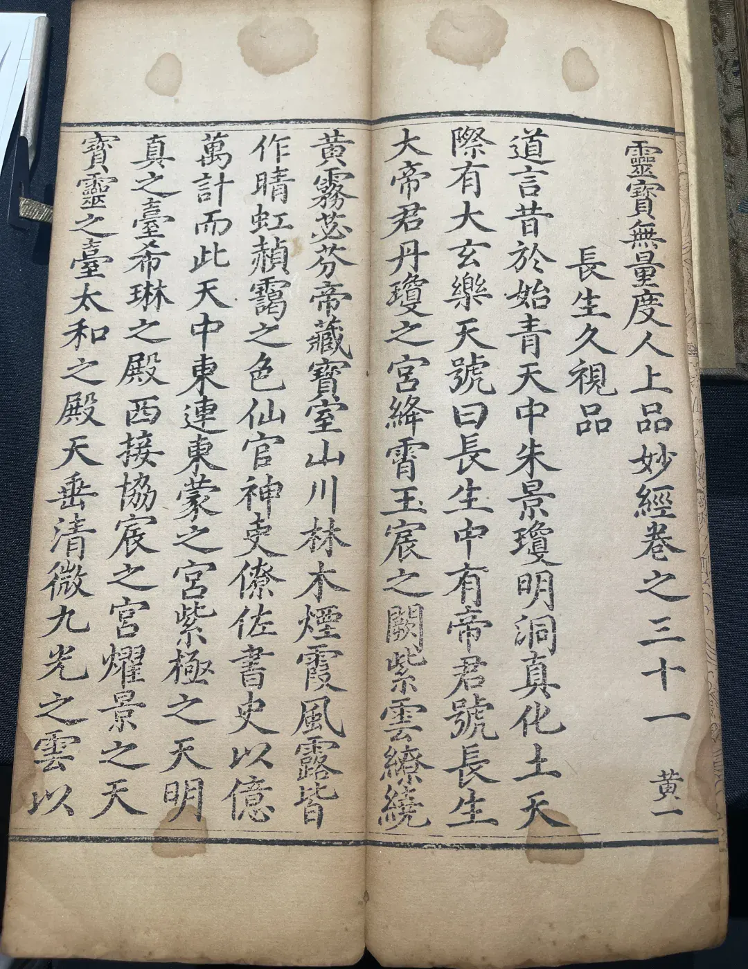 Opened printed Daozang folio with vertical text, page divisions and visible handling wear