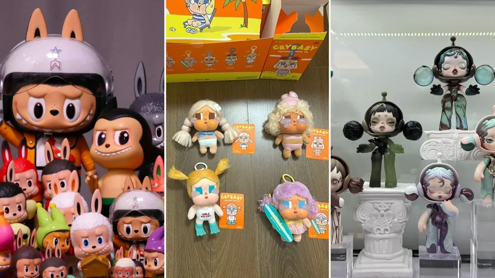 Three authorized real collection photographs comparing THE MONSTERS, CRYBABY and SKULLPANDA visual languages