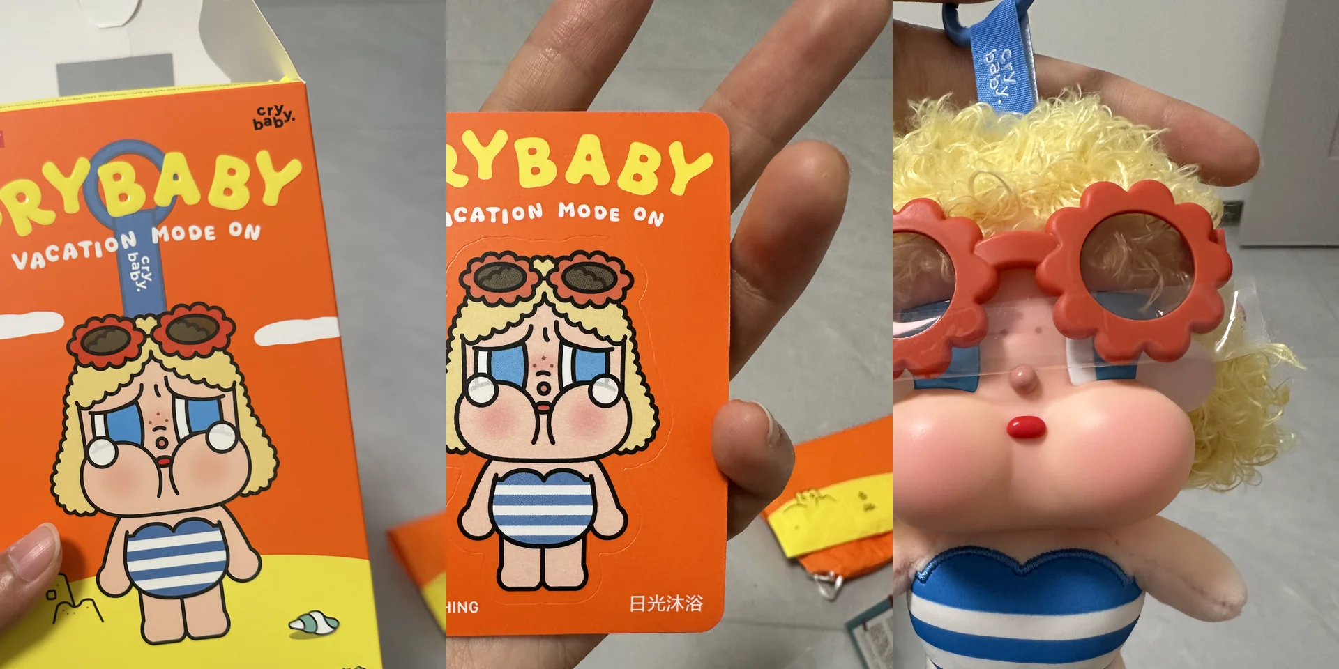 Three-photo record of one CRYBABY design showing its opened blind box, matching character card and vinyl-plush pendant