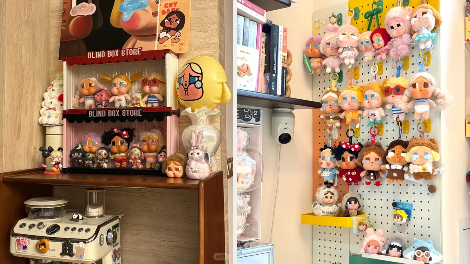 Two real CRYBABY collections arranged in a display cabinet and on an individually spaced pegboard wall