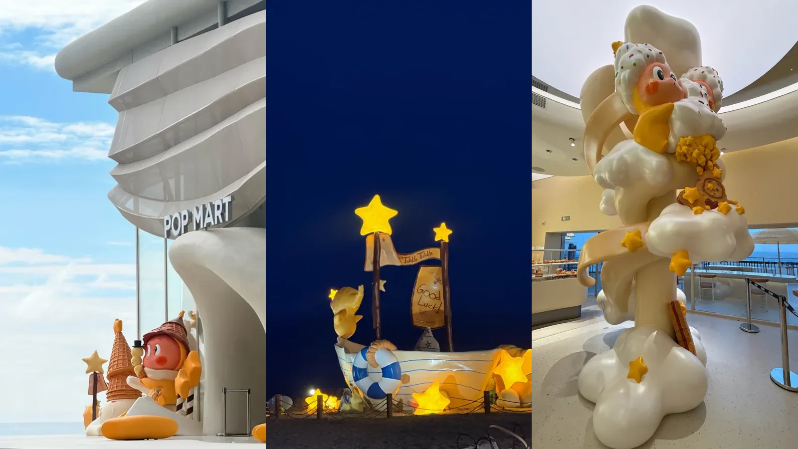 Three authorized real views of a Pop Mart seaside storefront, outdoor character installation and large in-store sculpture