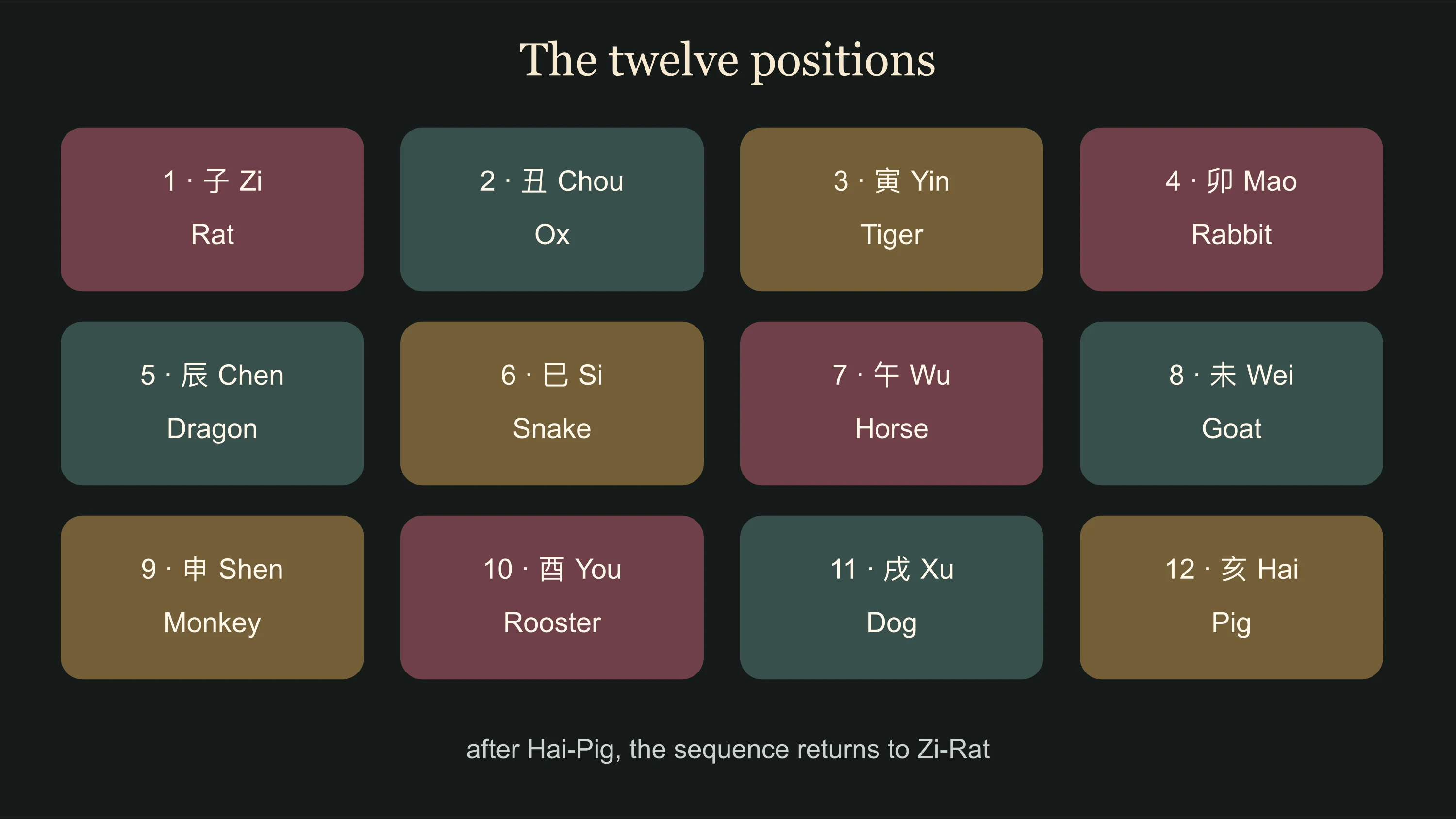 Chinese zodiac years diagram pairing twelve Earthly Branch positions with animals