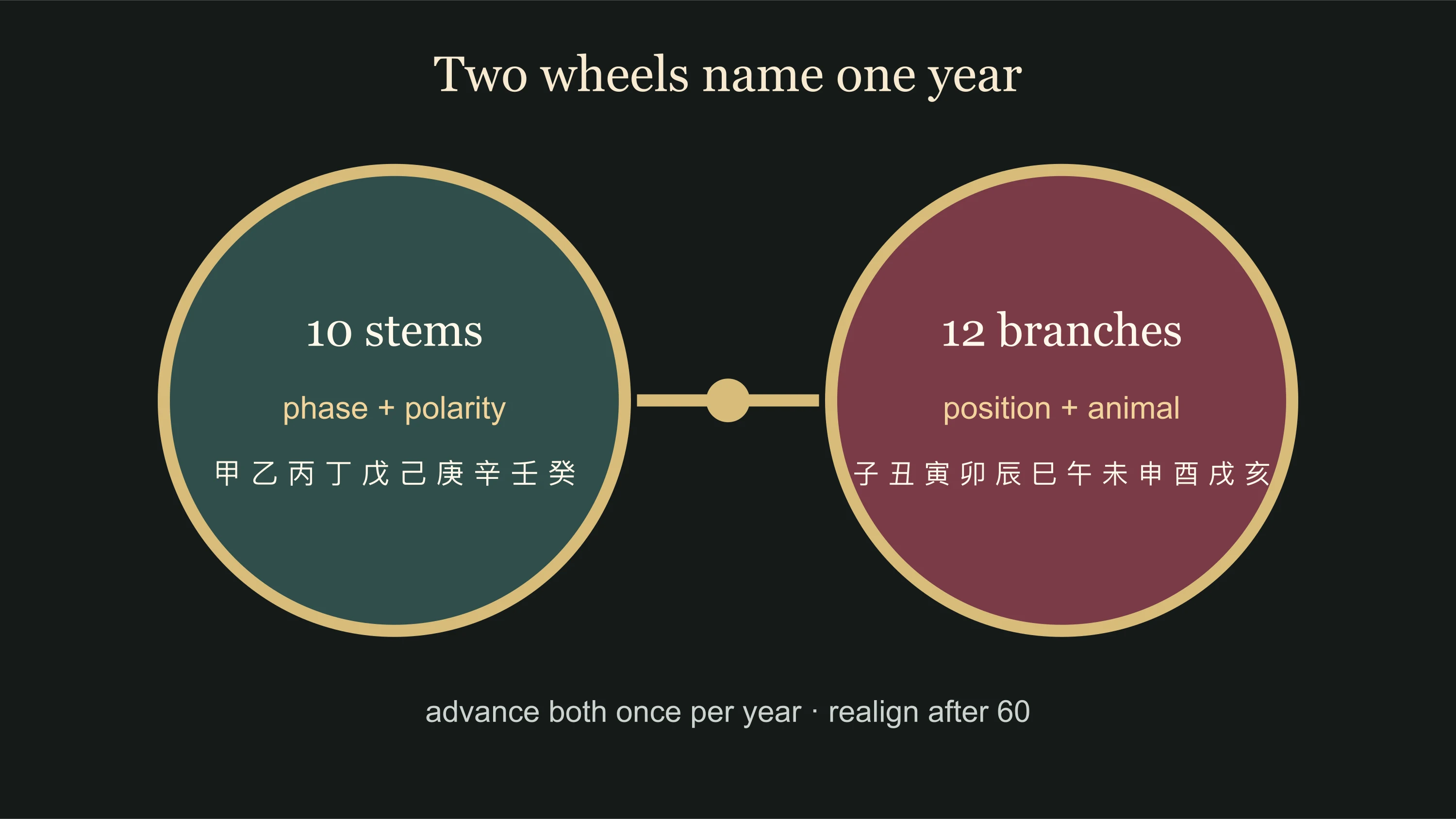 Chinese zodiac elements shown as ten-position stem and twelve-position branch wheels
