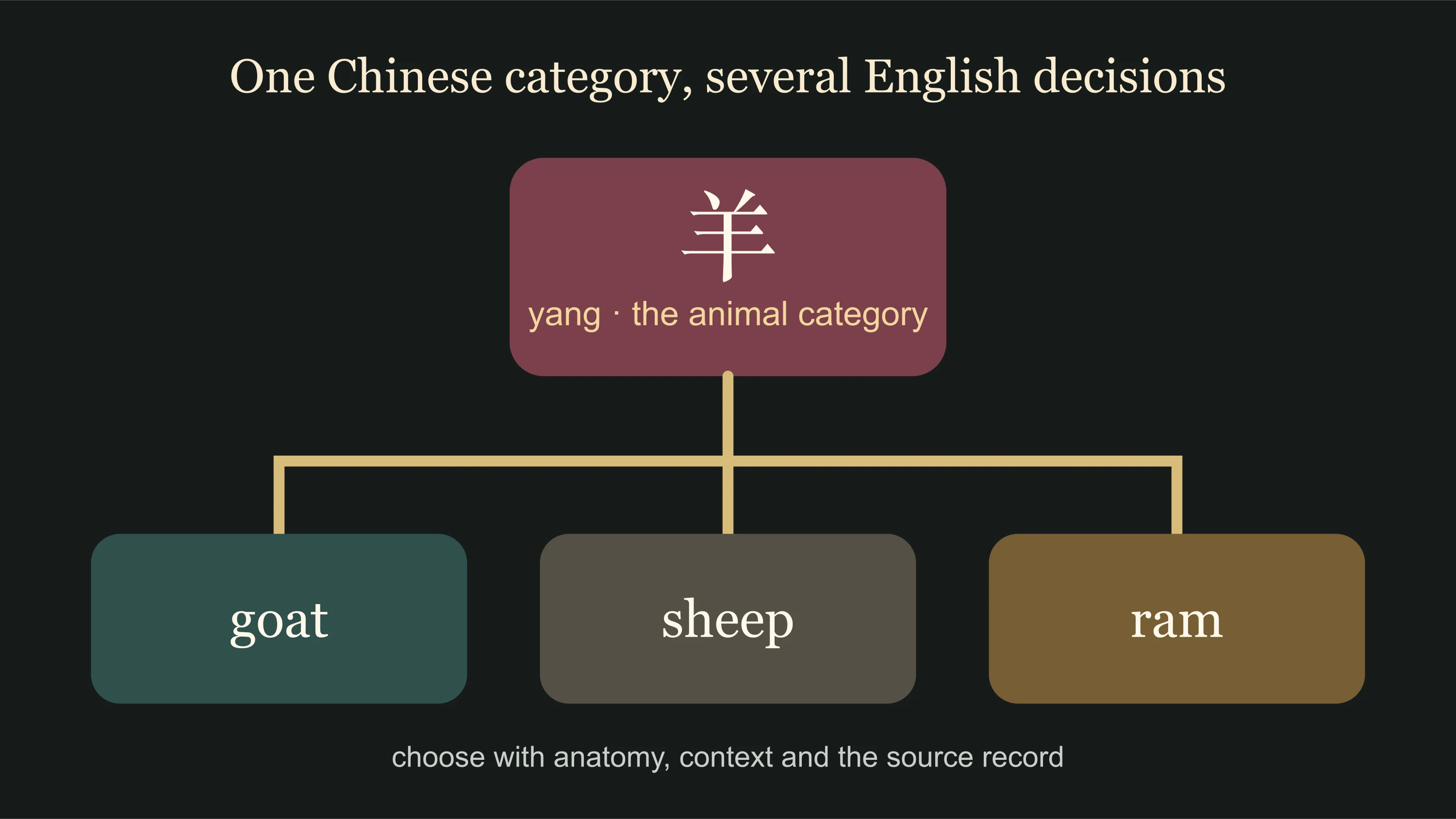 Yang as a broad Chinese animal category narrowing into goat, sheep or ram in English