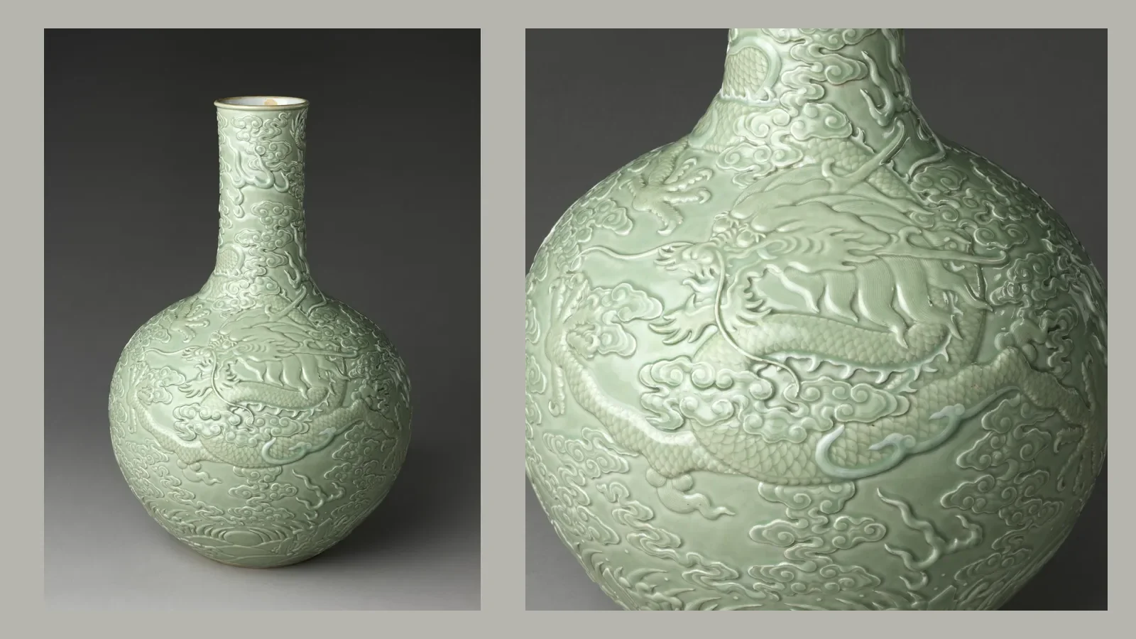 A celadon vase whose carved dragon only becomes legible as light crosses the cloud relief