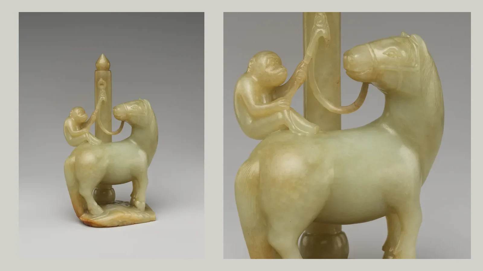 A seventeenth-century jade monkey climbing onto a horse to form a promotion rebus